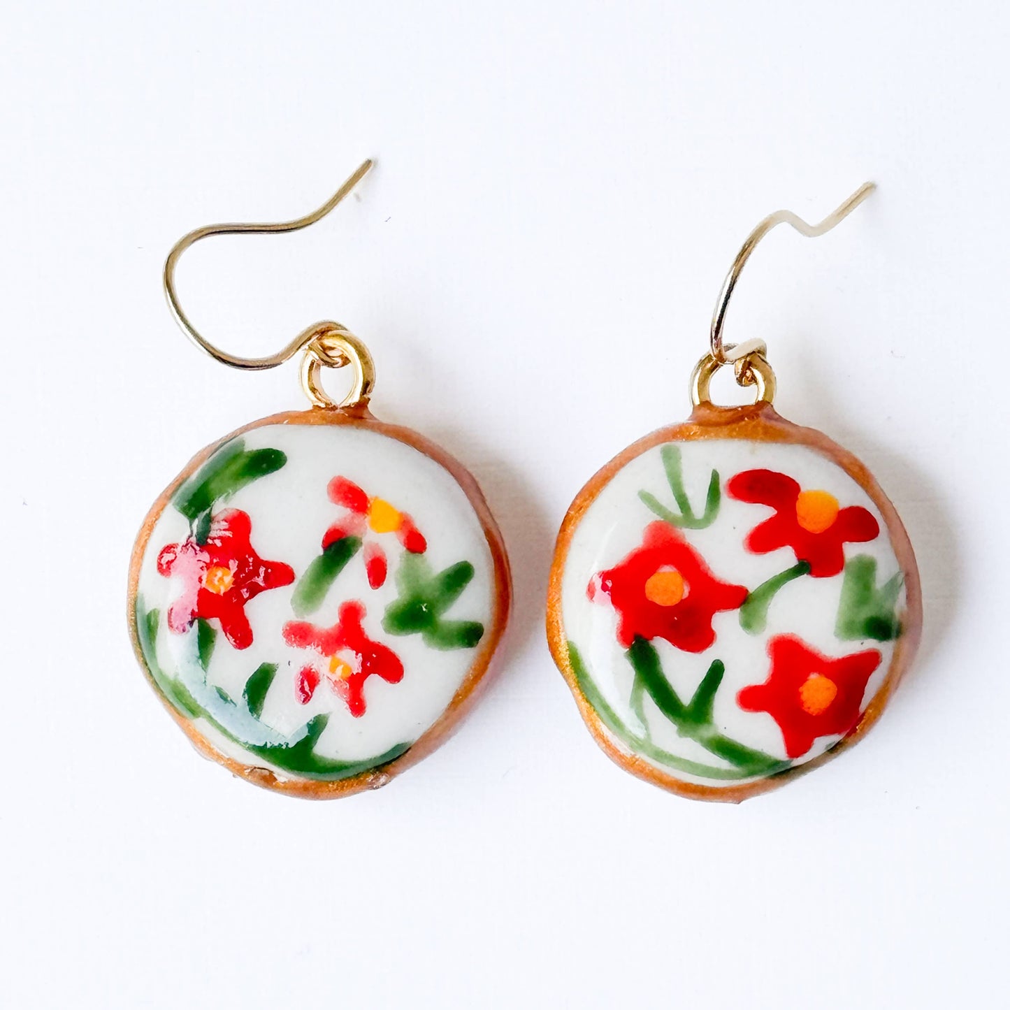 Hand Painted Floral Drop Earrings Gold Plated