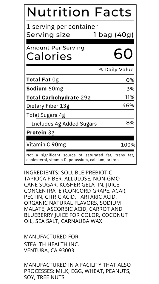 Açai Grape Gummy Candy Low 4g Sugar, Prebiotics, Fruit Juice