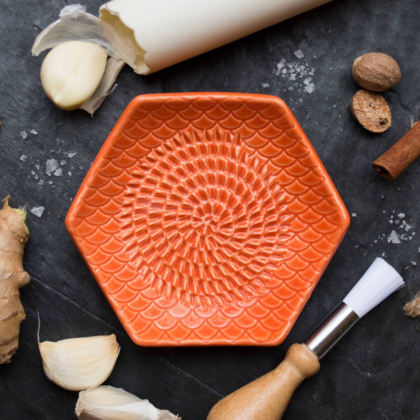 Carrot Orange 3 Piece Set: Ceramic Grater, Peeler, Brush