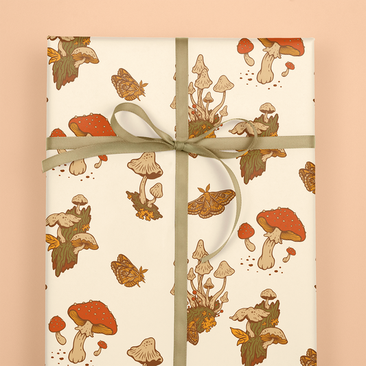Recyclable Gift Wrap / Wrapping Paper: Mushrooms (Green & Cr