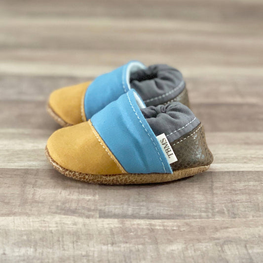 Mustard, Blue, and Gray Angled Moccasins