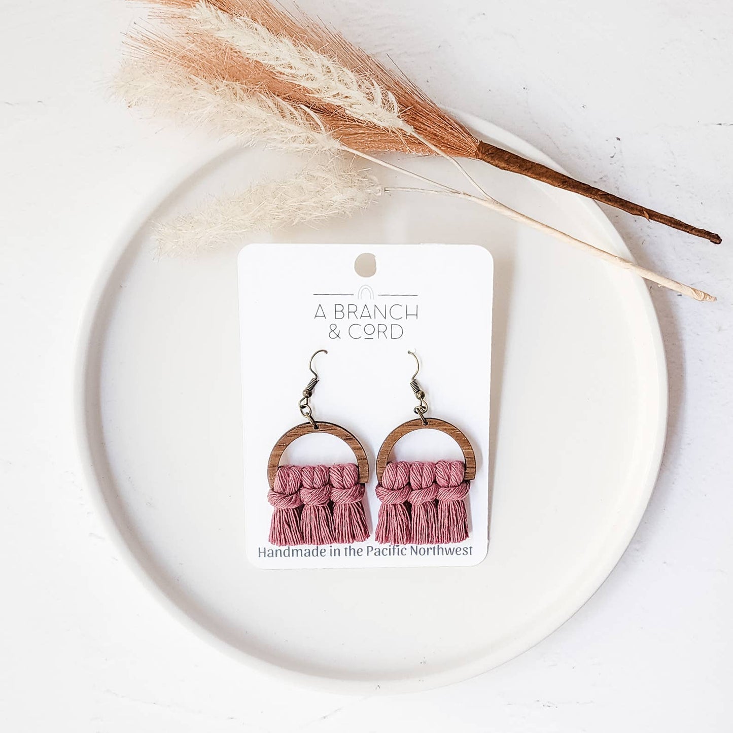 Macrame Fringe Earrings Semi Circle: Wild Rose